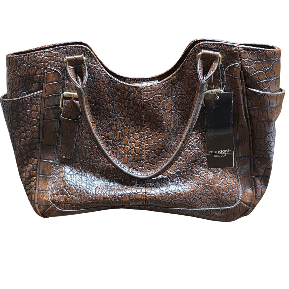 Y2K Mondani New York Brown Crocodile Embossed Bag Faux Leather Shoulder Purse